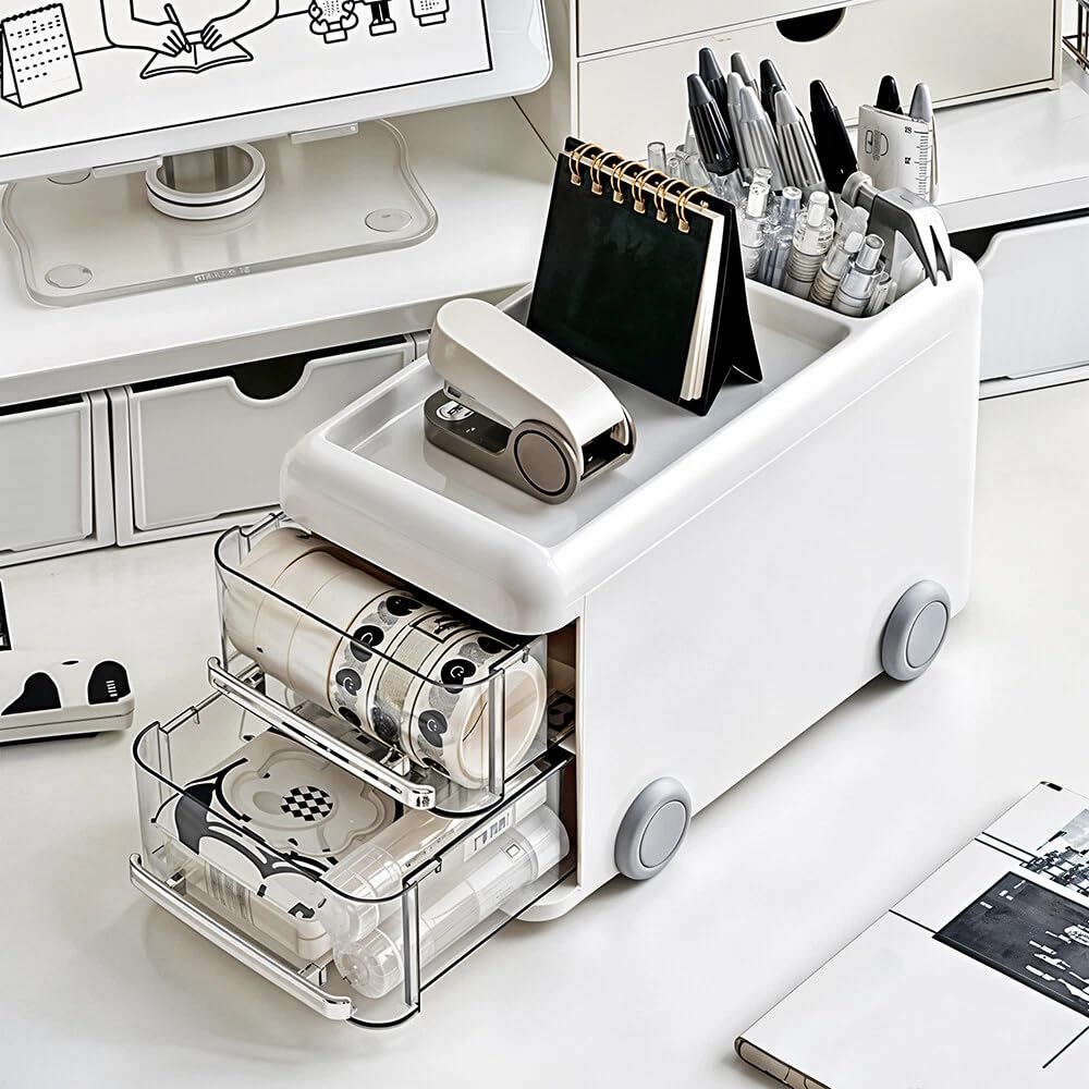 IMPRONOW Cartoon Bus-Shaped Desk Organizer – Multipurpose Tabletop Storage Box for Office, Dorm & Home | Cute Pink Display Stand for Cards, Makeup, Stationery & Desk Accessories - White 4