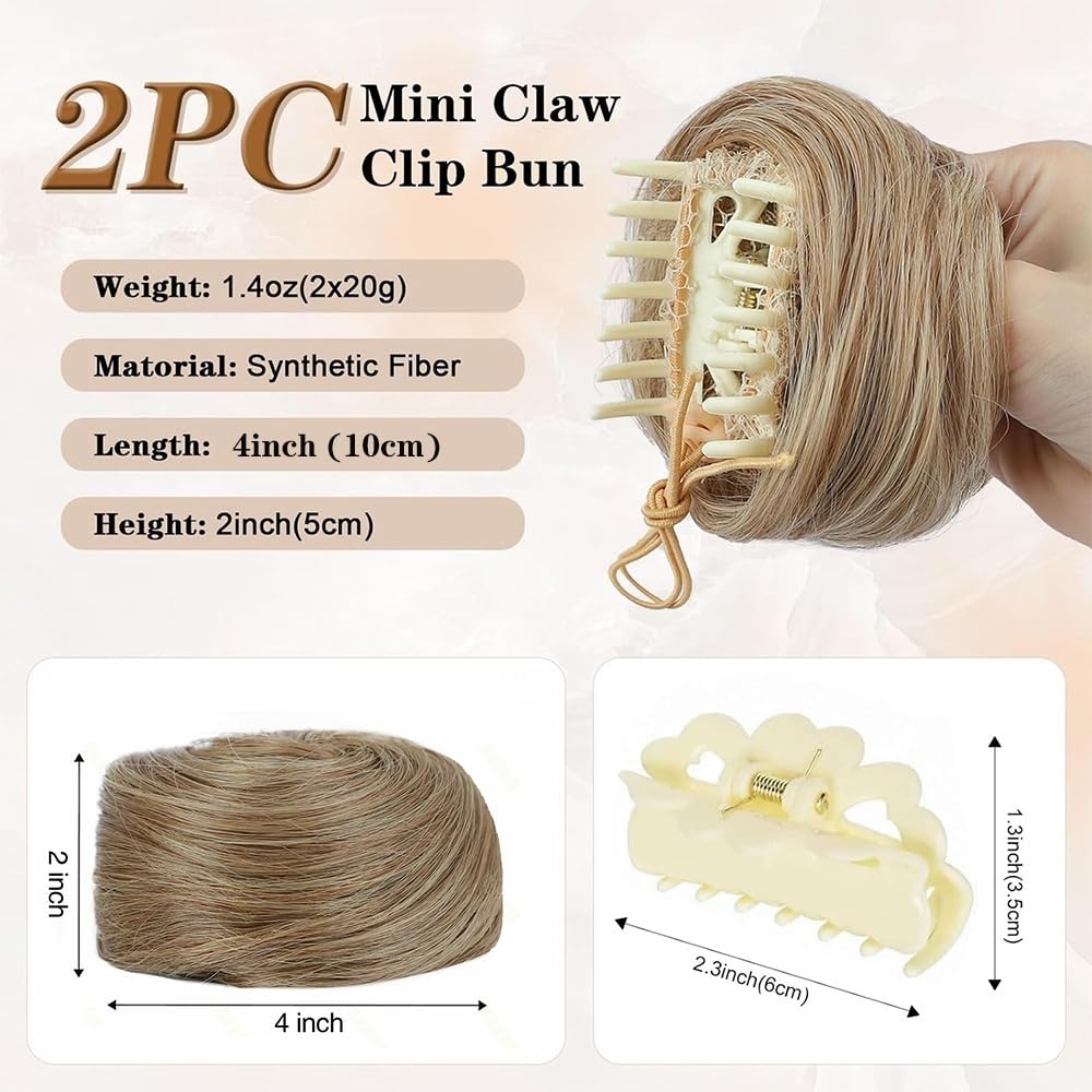 Kok do włosów syntetyczny kosmiczny kok 2 szt. Mini pazur klips w Messy kocie uszy sztuczne włosy Bun Donut Updo treski dla kobiet pączki do włosów na bułki (średni gradientowy brązowy ciemny blond)