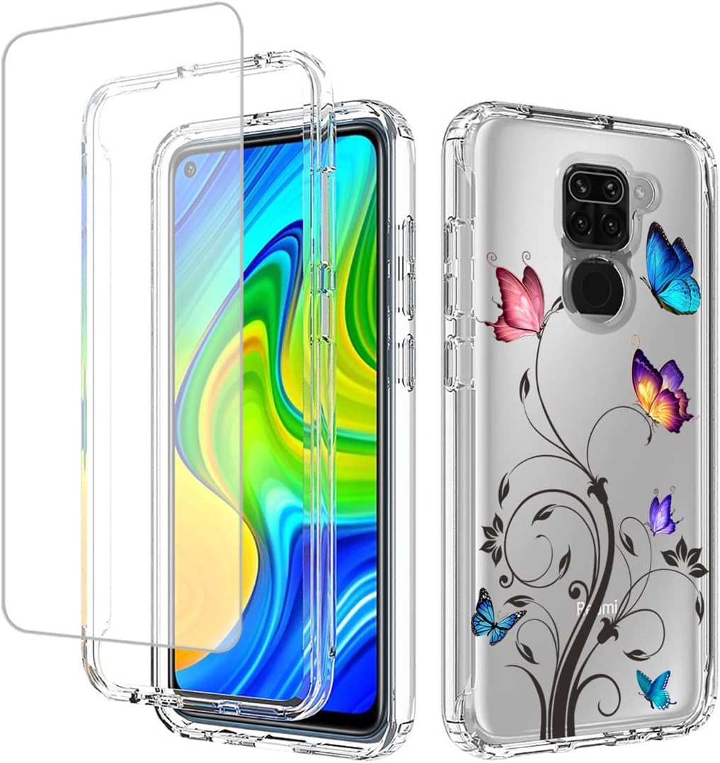 Case for Redmi Note 9/Redmi 10X 4G M2003J15SC Case with Tempered Glass Screen Protector, Full Body Clear with Floral Design Protection Phone Cover Cases for Xiaomi Redmi Note 9 (butterfly tree)