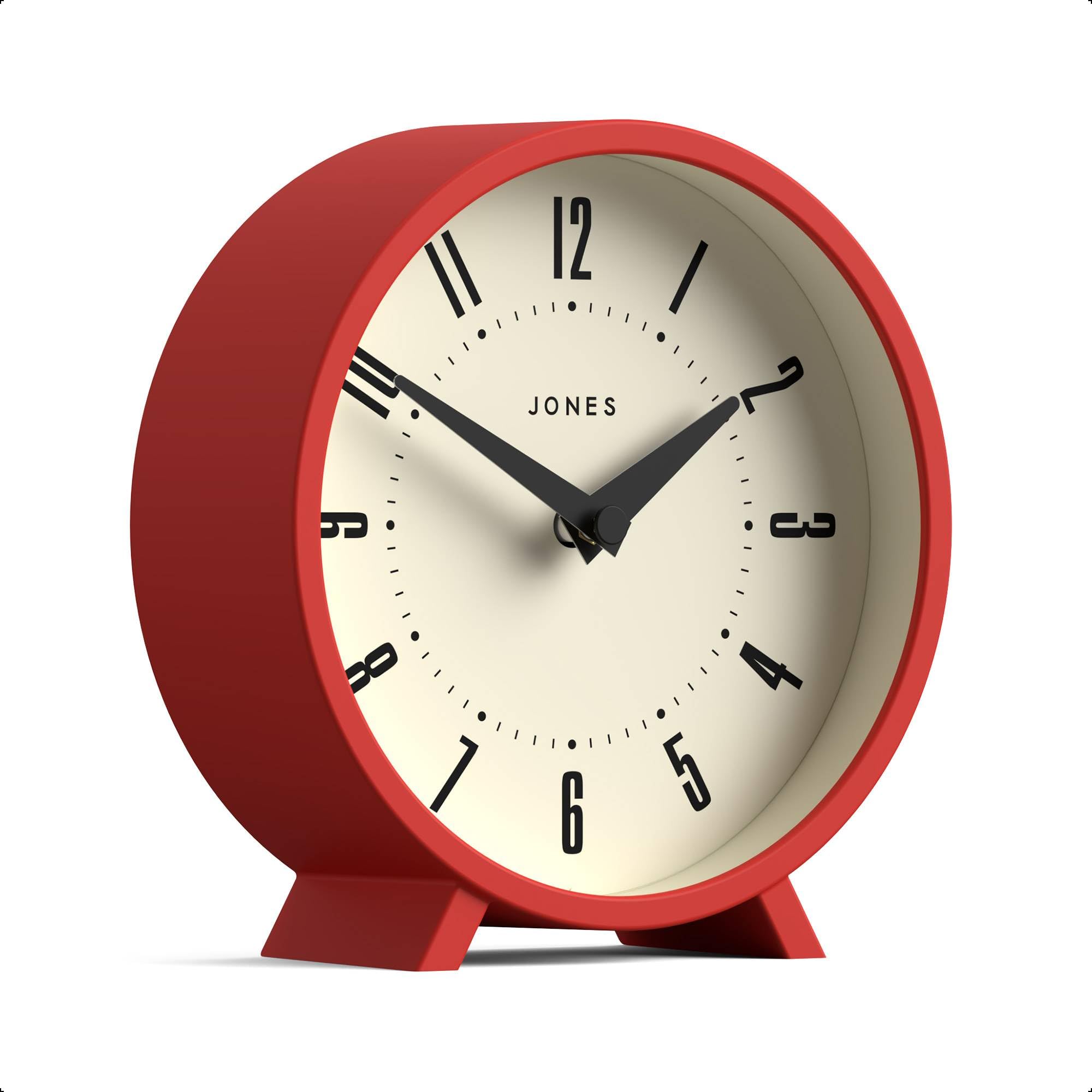 Jones Clocks® Venus desk clock | Modern round design | Red | Stylish retro look for shelf, table, mantel or bedside