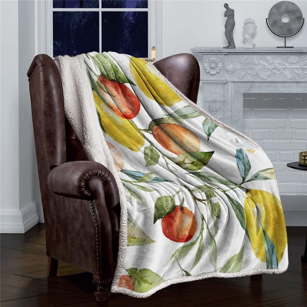 Lemon Leaves Watercolor Painting Sherpa Blanket Velvet Flannel Bedspreads Office Nap Throw Blankets Sofa Cover