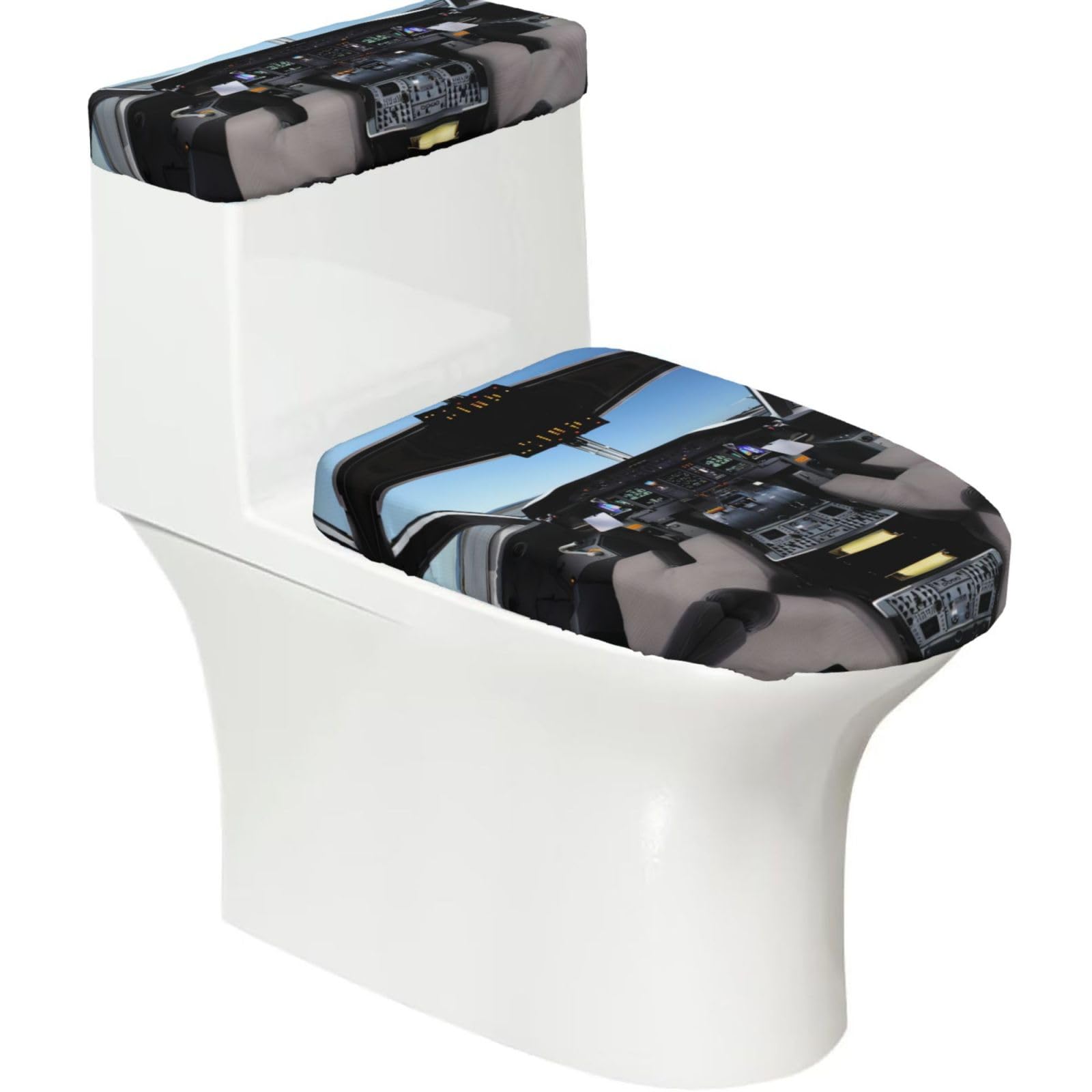 Wzycwb Black Airplane Cockpit 2-Piece Toilet Seat Cover Set With Tank Lid, Elastic Fit For U-Shape & Elongated Toilets, Bathroom Decor, Housewarming Gift