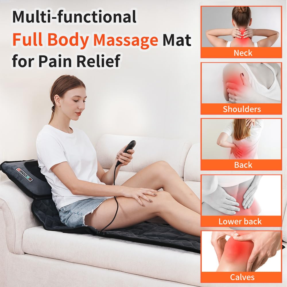 Beheizte Massagematte, Ganzkörper-Massagematratze mit Nackenmassagekissen, 10 Vibrationsmotoren, 9 Modi, 9 Intensitätsstufen, Timer, lindert Rückenschmerzen, Massage-Matratze, Geschenk für Frauen und