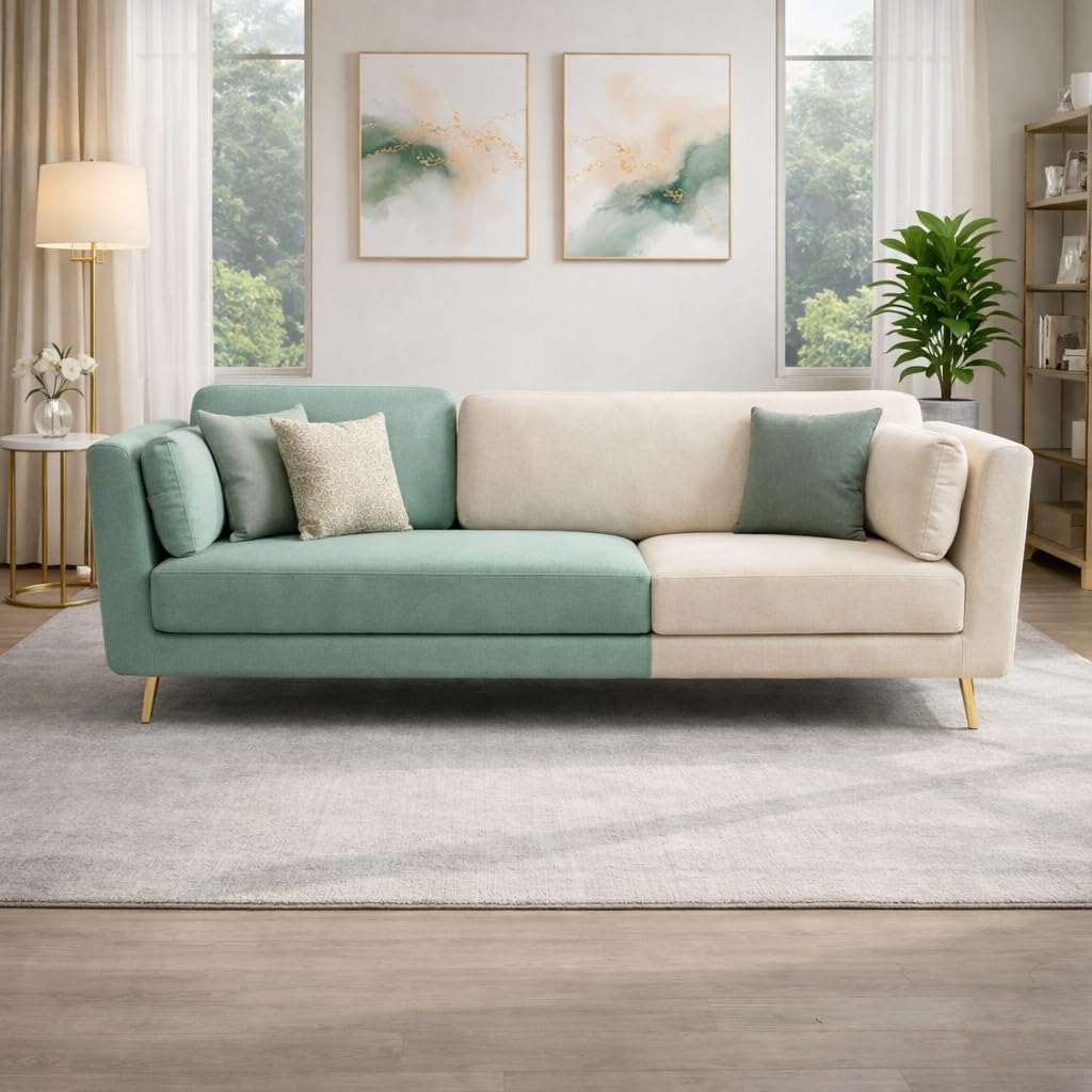 3-Seater Velvet Sofa Couch with Gold Metal Legs Muticolour Sofa Modern Style with Cushions for Your Home Office (Sage Green Biege)-image-36