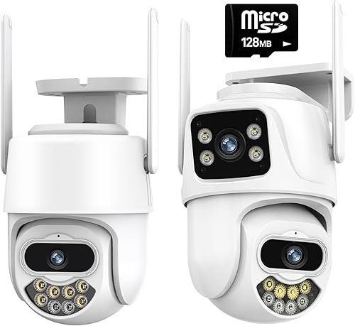 GUOANVISION Cámaras de seguridad para exteriores de 6 MP, Enlace de lente dual Cámara exterior con tarjeta SD de 128G
