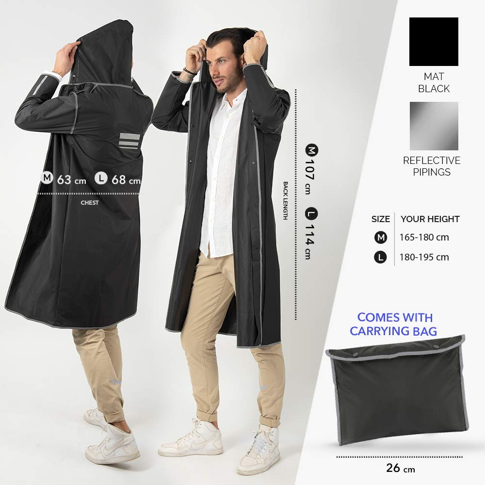 PERLETTI Chubasquero Hombre Mujer Ligero y Reutilizable - Impermeable Hombre Mujer Resistente al Agua - Ropa de Agua Impermeable Detalles Reflectantes Capucha Botones (L, Negro con Borde Reflectante)