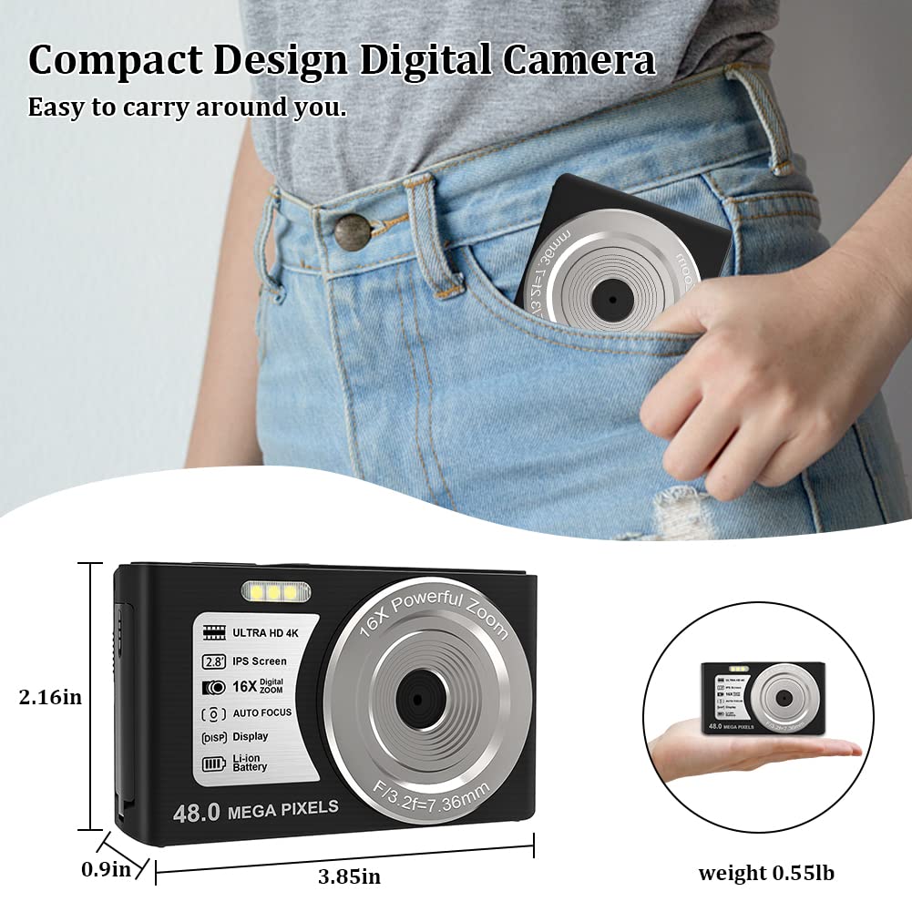 Digitalkamera Autofocus Fotokamera 48MP 4K Fotoapparat mit 32GB SD-Karte 16X Digitalzoom Kompaktkamera für Teenager Anfänger Erwachsene (2 Batterien)