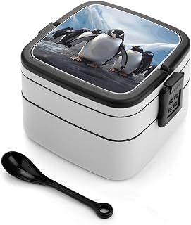2 Tier Stackable Funny Penguins Bento Lunch Box with Spoon | Leakproof Lunch Container with Lid Divider, Portable Food Storage Container, Reusable Meal Holder for Work Picnic Travel
