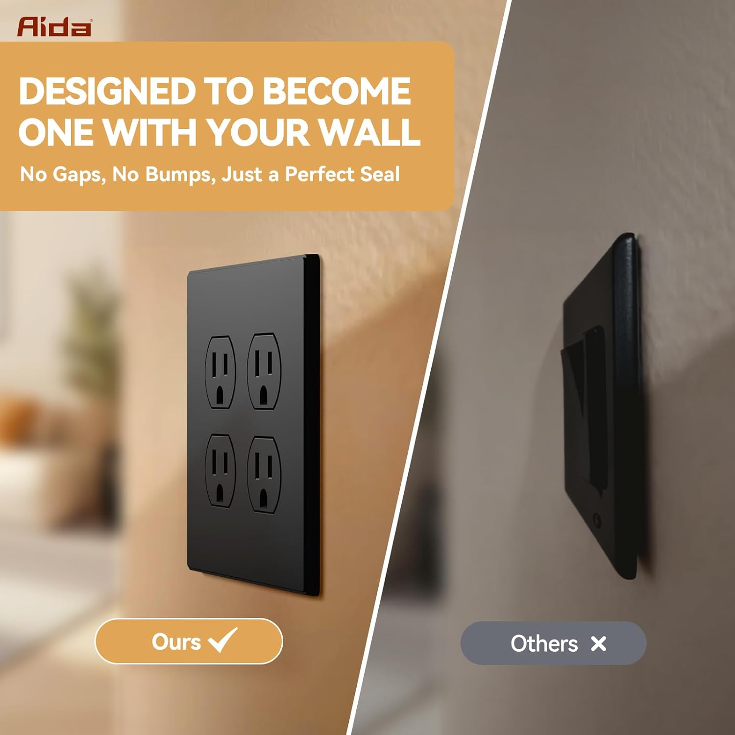 AIDA 2-Gang Midsize Duplex Outlet Covers, Screwless Wall Plate Cover - Matte Black, 1-Pack Unbreakable Thermoplastic Wall Switch Plates, UL Listed, 4.88" H x 4.94" L