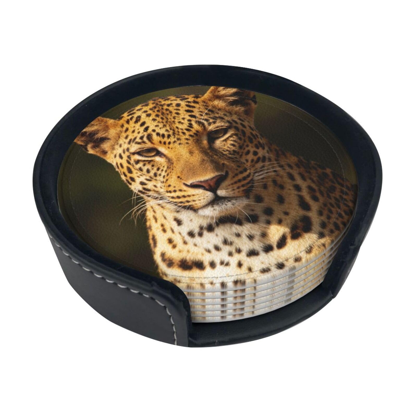 Cntdbu White The Leopard Hunting Leather Coasters Set Of 6-Pu Leather Drink Mats For Table, Heat Resistant Round Coasters With Holder