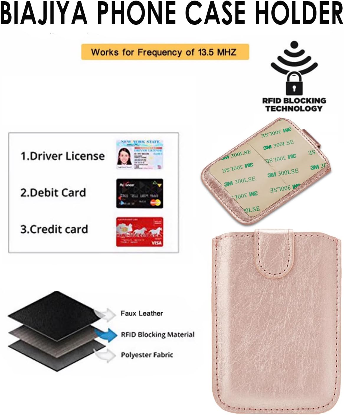 Phone Card Holder RFID Sleeve, Pu Leather Back Phone Wallet Stick-On Pull 5 Card Holder Universally Pocket Covers Credit Cash for iPhone/Android/All Smartphones (RoseGold) - Image 3