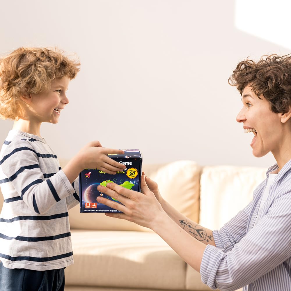 Gioco di biglie per bambini e adulti – 60 biglie di vetro colorate con base instabile e contenitore – Giochi di abilità famigliare da 1 a 4 giocatori