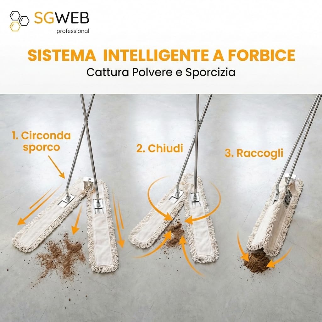 Scopa industriale a forbice con panno da 100 cm - Scopa per grandi dimensioni con Doppia frangia in cotone lavabile - Sistema professionale per grandi superfici