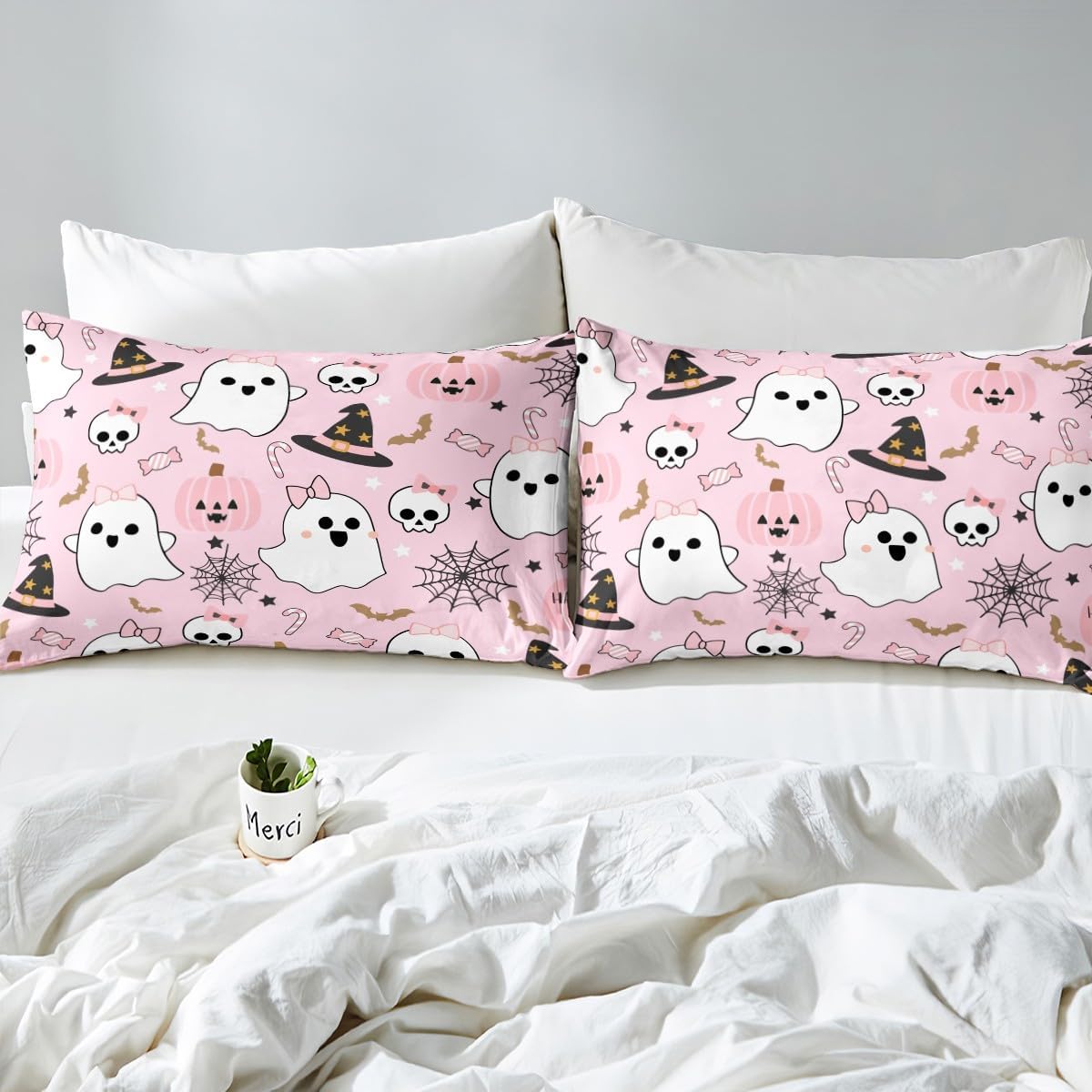 Feelyou Cute Halloween Pink Full Size Bedding Set Decoration Toddlers Teens Adults Pumpkin Ghost Kawaii Duvet Cover Set Kids Autumn Happy Comforter Cover Pink Quilt Cover Soft and Lightweight