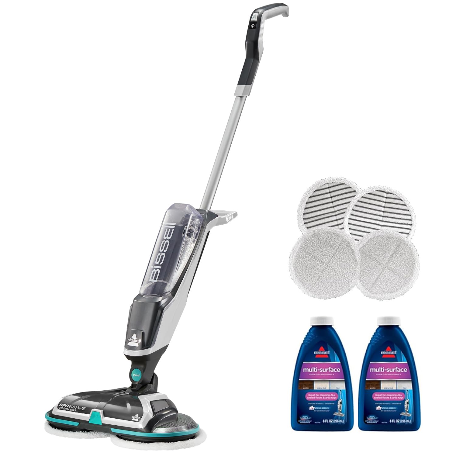 Quiet, cordless hard floor mop with Spinwave technology.