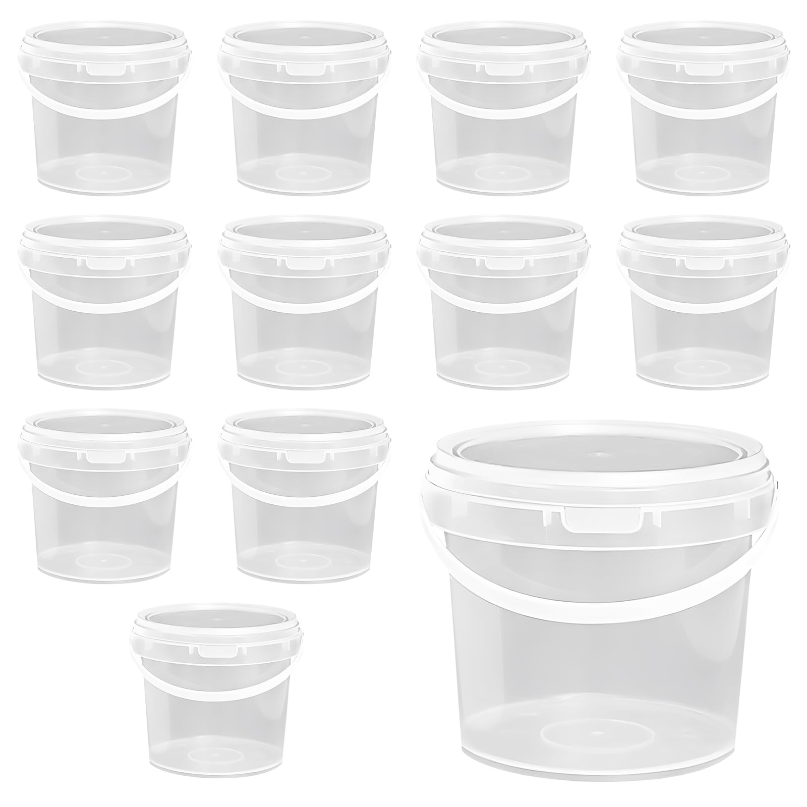 Packool Clear 12Pcs Plastic Buckets, Home Kitchen Or Garage Organization, Stackable Pail For Paint, Water, Craft Supplies, 1.5 L Food Storage Container, 1.5 Qt With Handle And Lid