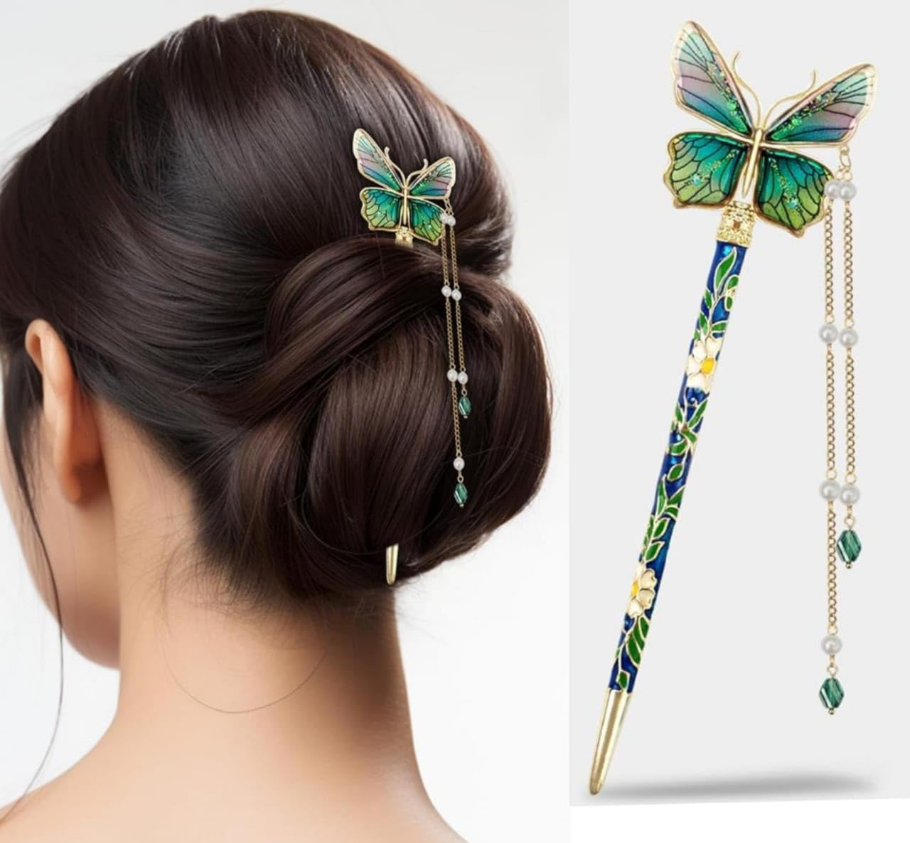 Miss Lirenn® Decorative Butterfly Juda Hair Pin with Pearl Dangles, Green and Gold Metal Hair Stick, Traditional Japanese Style Hair Accessory, Multicolor (Multicolor2)