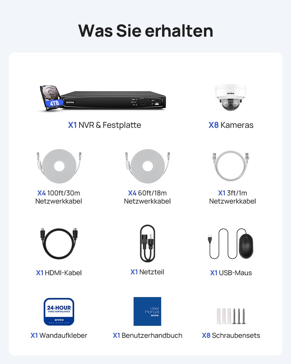 ANNKE 4K Überwachungskamera Set, 8X 8MP PoE IP Kameras und 16-Kanal NVR mit 4TB HDD, KI Personen und Fahrzeugerkennung, 24/7 Aufnahme, 30M Farbnachtsicht für Innen & Außeneinsatz, IP67 Wasserdicht
