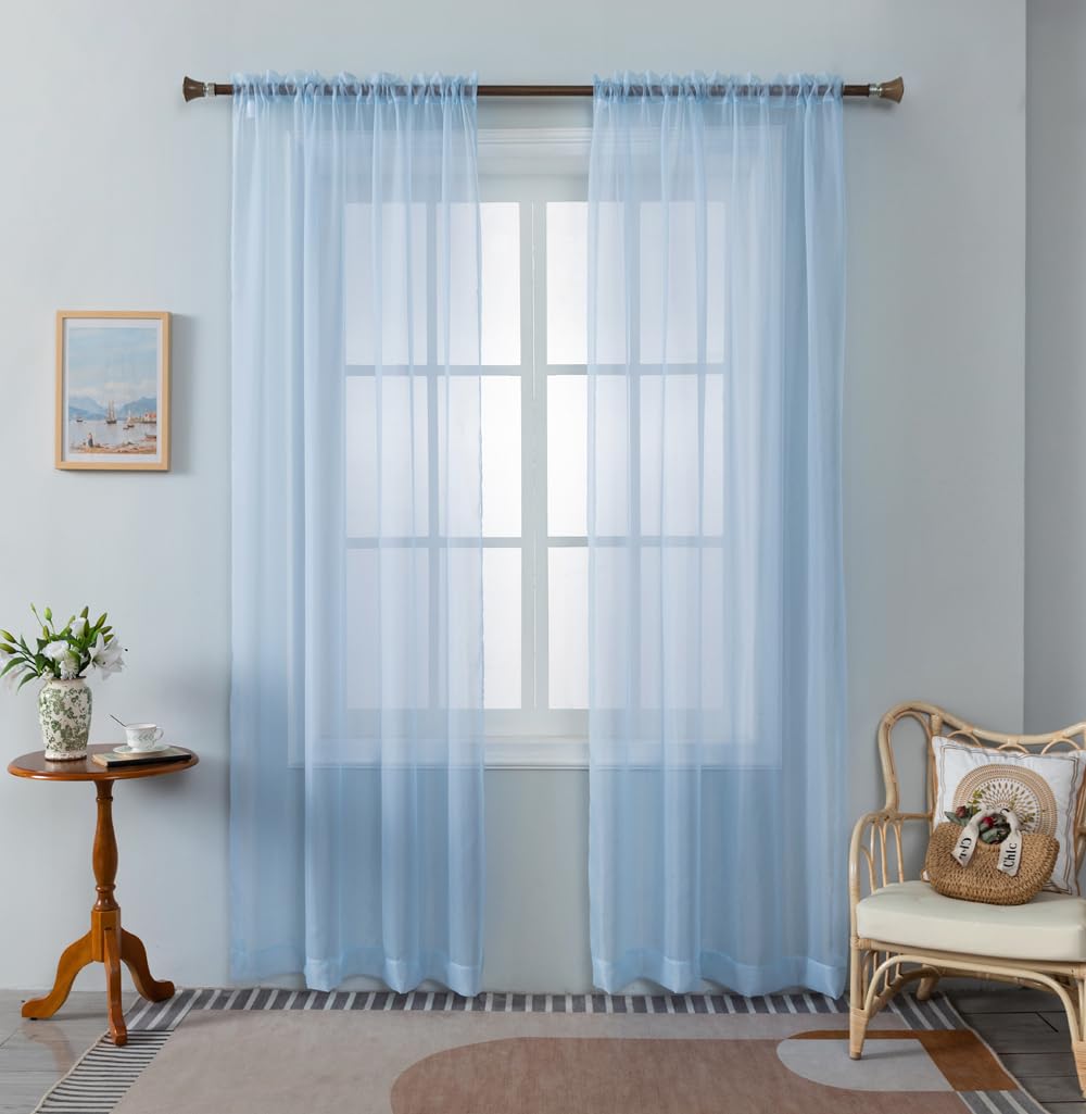 Sky Blue sheer curtains 95 inches long 2 Panels Livingroom window Treatment rod pocket sheer Voile for Bedroom, Kitchen, living children room Fully Stitched and Hemmed 58 inch wide panel