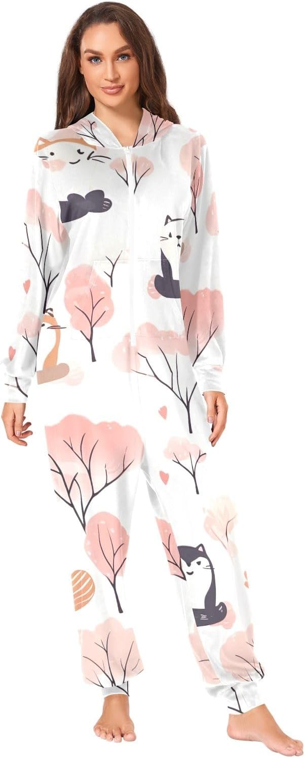 GAIREG Cats Print Adult Onesie Pajamas, Soft Hooded One Piece Loungewear with Zipper for Men Women Christmas Sleepwear