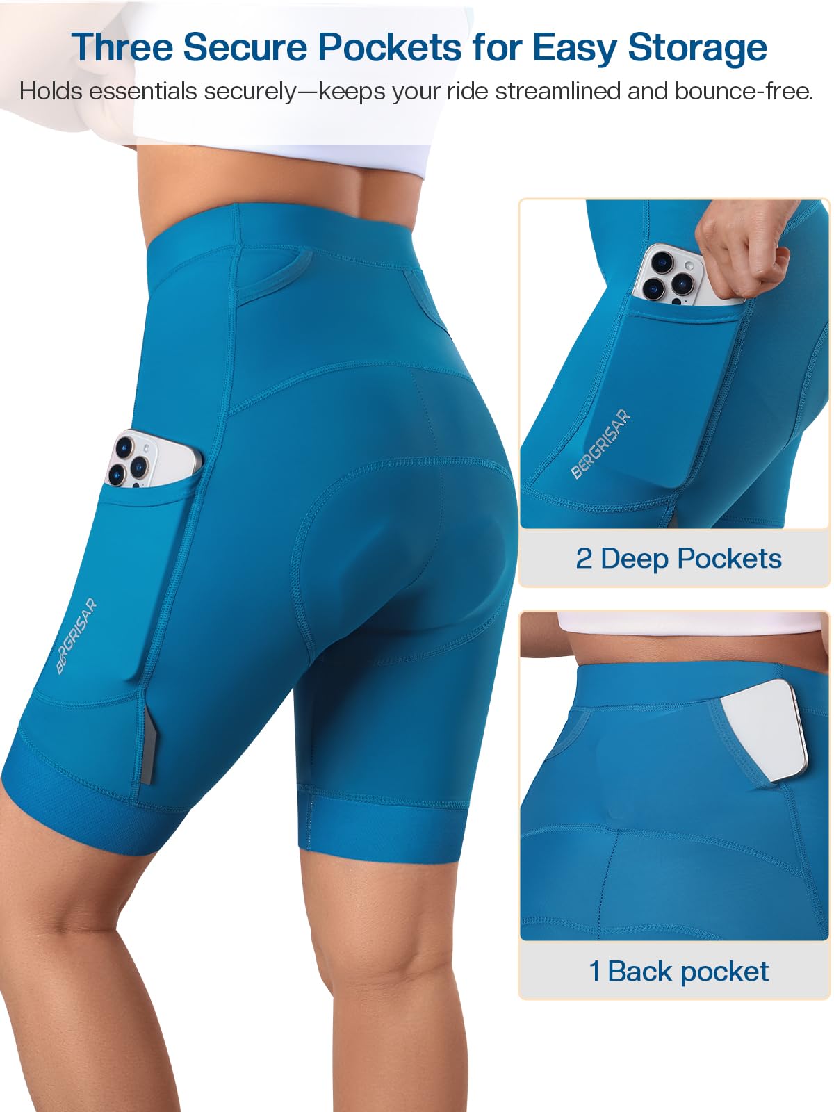 BERGRISAR Pantaloncini da ciclismo da donna imbottiti 4D con 3 tasche