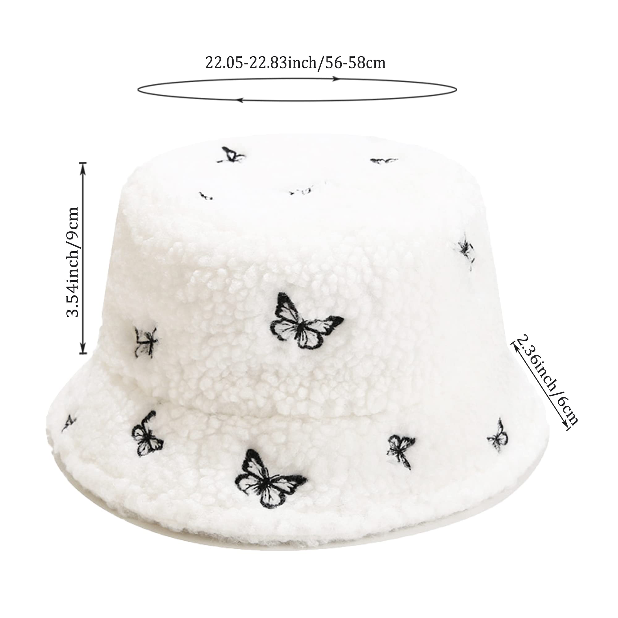 Winter Warm Plush Fuzzy Bucket Hat Faux Fur Shearling Butterfly Fisherman Hats for Women (US, Alpha, One Size, White)