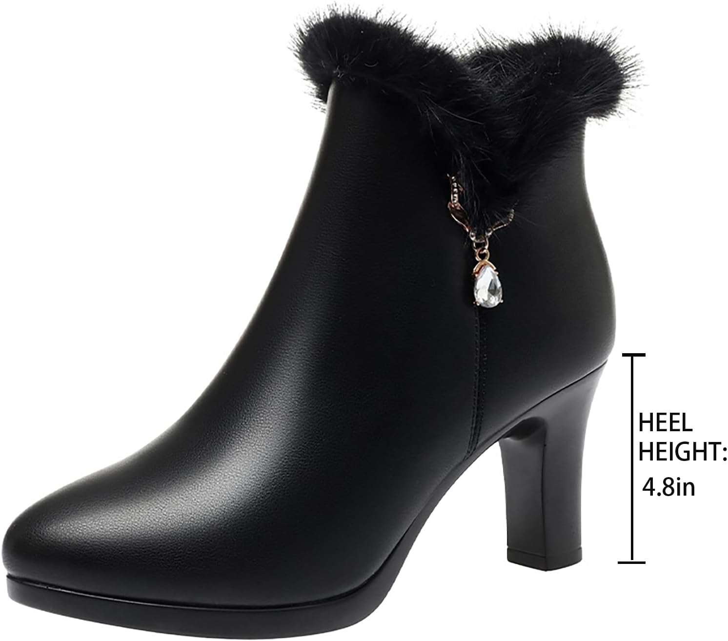 Women'S Leather Chunky High Heels Ankle Booties Sparkling Rhinestones Warm Fully Fur Lined Side Zipper High Heels Snow Boot - Image 6