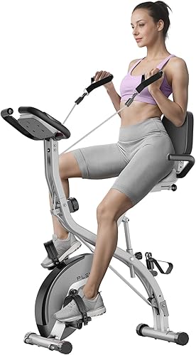 PLENY Bicicleta estática plegable, 5 en 1, bicicleta estacionaria, resistencia magnética, bicicleta vertical de ciclismo de interior con bandas de