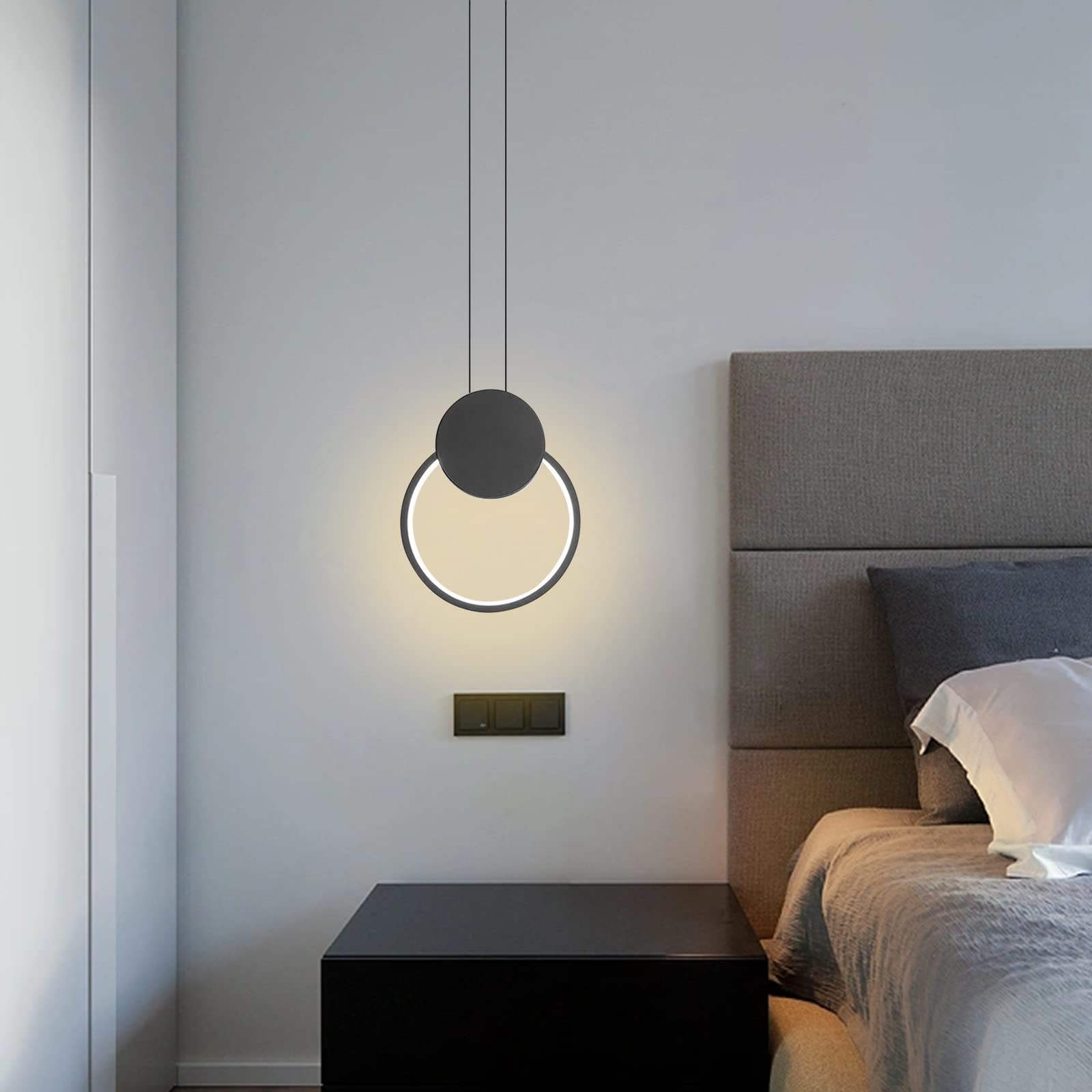2 Piezas Lámpara Colgante LED Redonda 11W, Lámpara de Techo Moderna Aluminio Creativa Iluminación de Techo para Cocina Comedor Salón Dormitorio, Negro