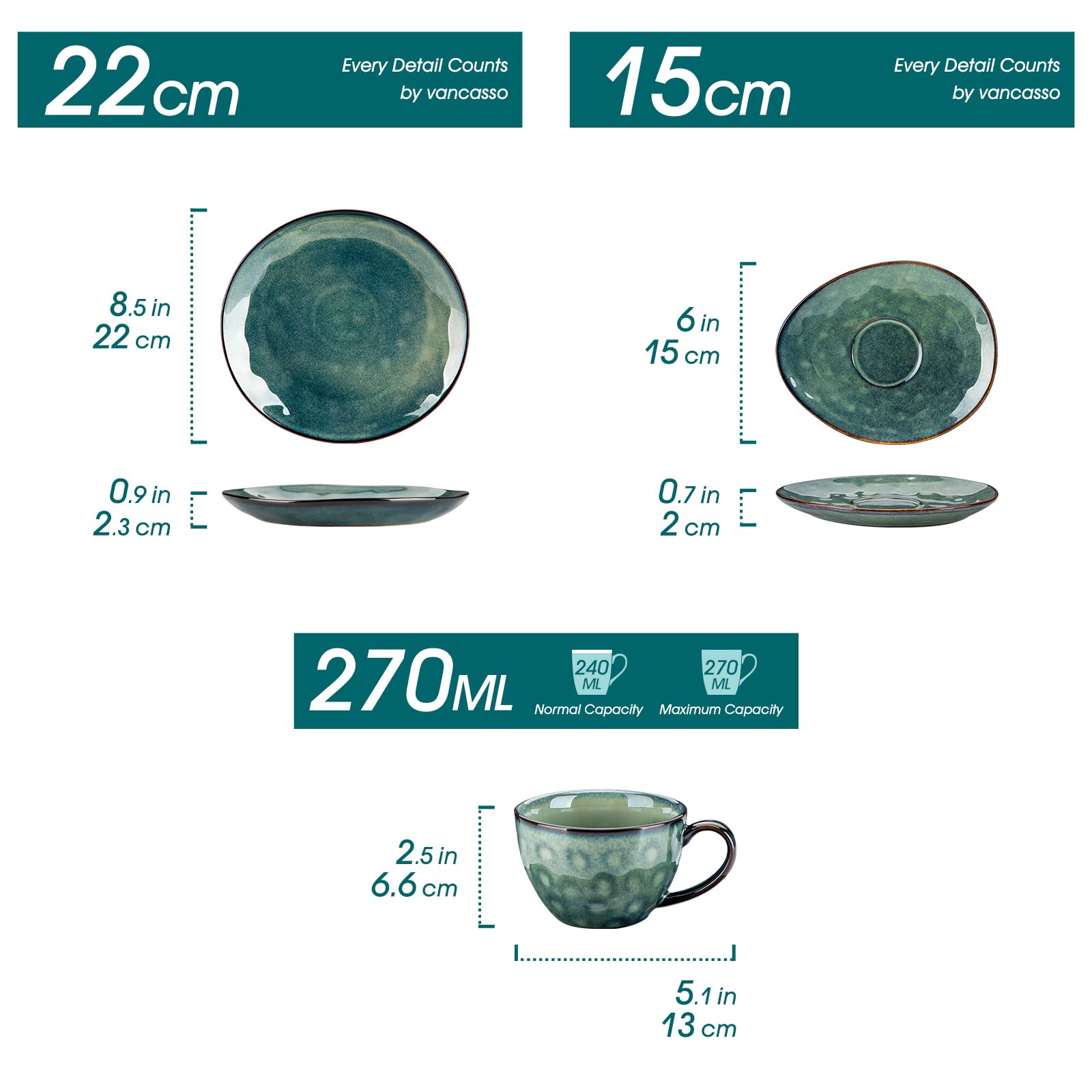 vancasso serie Starry Juego de Taza y Platillo 12 piezas con 4 Tazas, 4 Platillos y 4 platos de postre, Vajillas de Gres para Desayuno/Café, 270 ML Tazas de Café per 4 Persone, Irregular Esmalte Verde