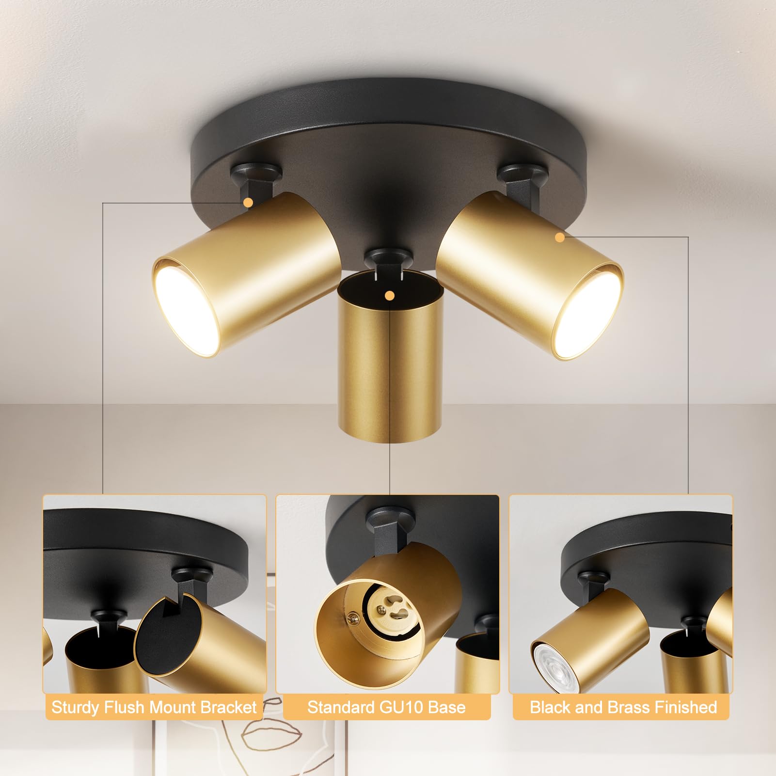 HARPER LIVING Foco empotrado para techo, casquillo GU10, acabado negro y dorado, orientables a 350°, iluminación moderna redonda para cocina, dormitorio, salón, pasillo (21 cm)