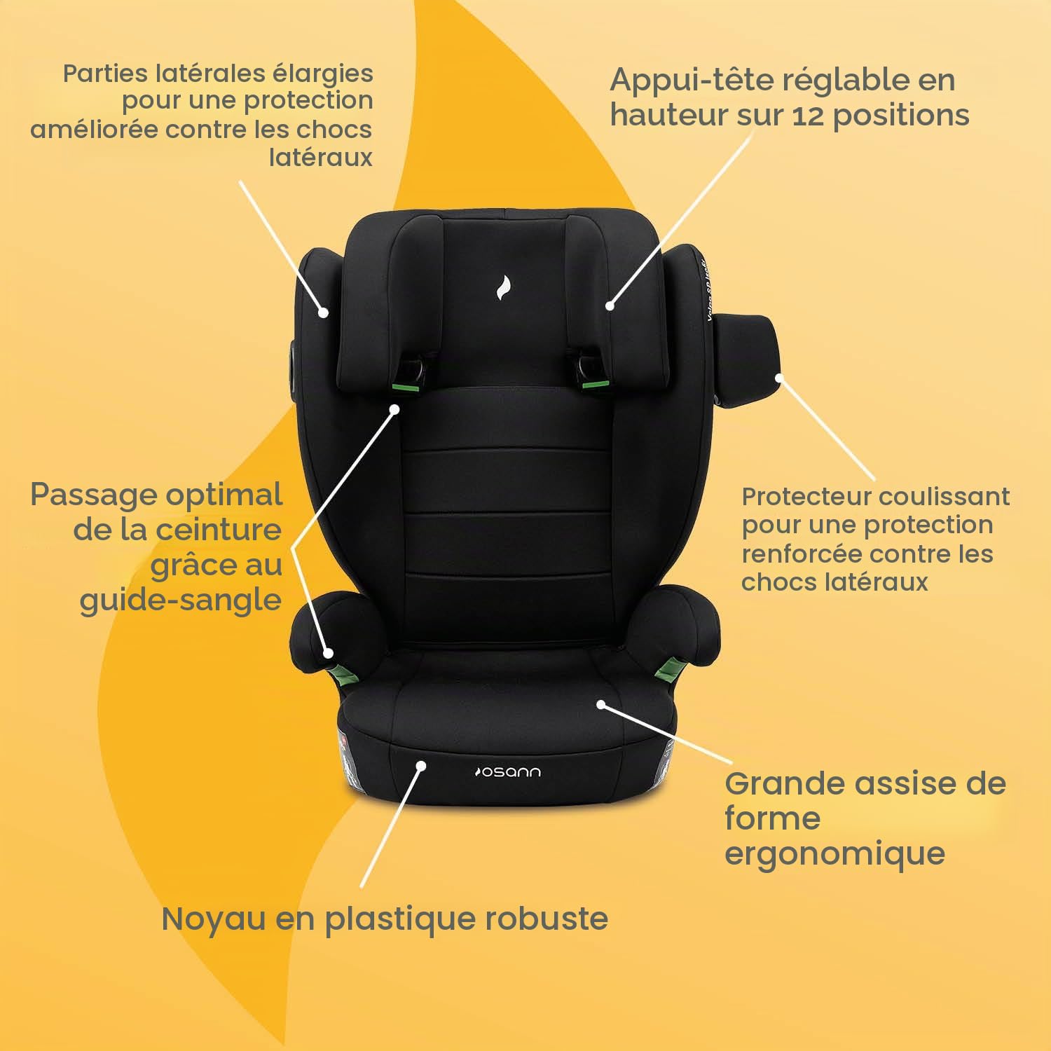 OSANN - Siège auto enfant Volpo SP I-Size - 100-150 cm - noir - 12 positions, Ceinture 3 points, Face à la route, Inclinable, Lavable