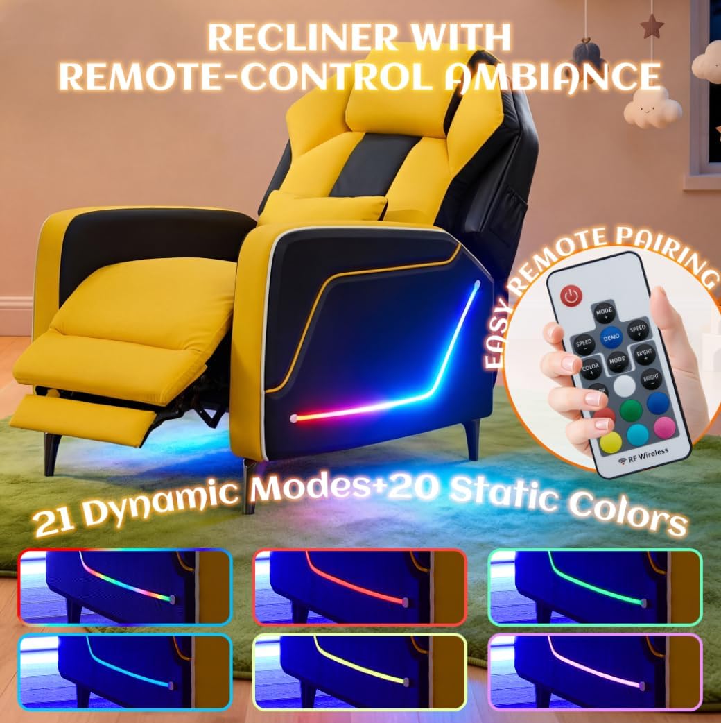 Kids Recliner,Gaming Recliner Chair with LED Lights & Adjustable Footrest,PU Leather Racing Style Armchair for Teens,Wide Reclining Gaming Chair for Bedroom Playroom (Yellow, Recliner)