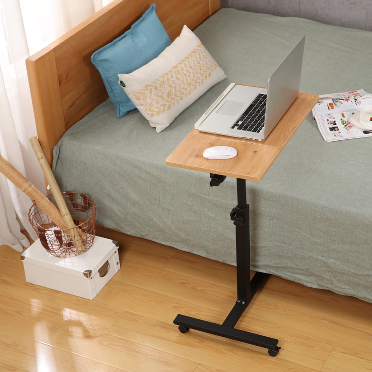 Mesa de cama médica con ruedas en forma de C – 2 hojas auxiliares ajustables para hospital, sofá y discapacitados