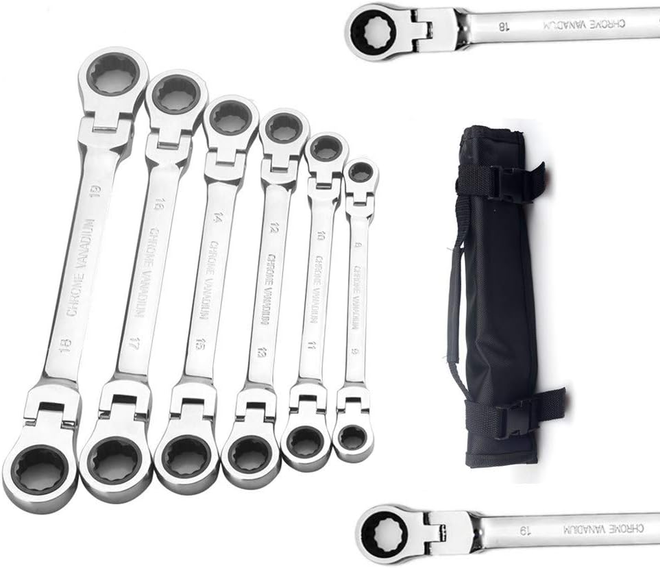 FLZOSPER 6-Piece Flex Head Double Box End Ratcheting Wrench Set，8-19mm Metric Chrome Vanadium Steel Spanner with Portable Toolbag