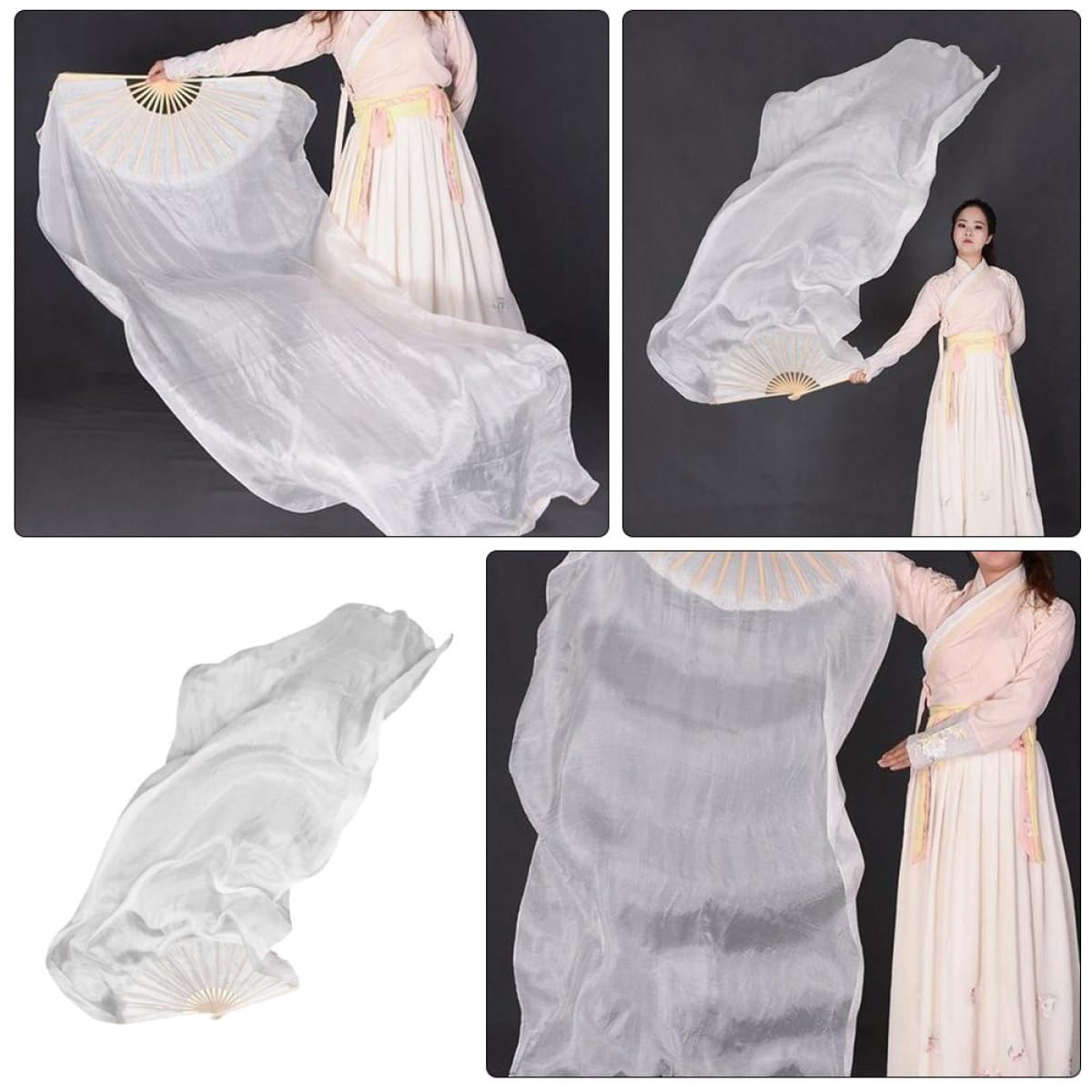 DOITOOL Abanico de Baile Plegable de Tela y Madera Blanco, Ligero y Decorativo, Adecuado para Danza del Vientre y Baile en Plaza, Diseño Delicado y Uso Versátil