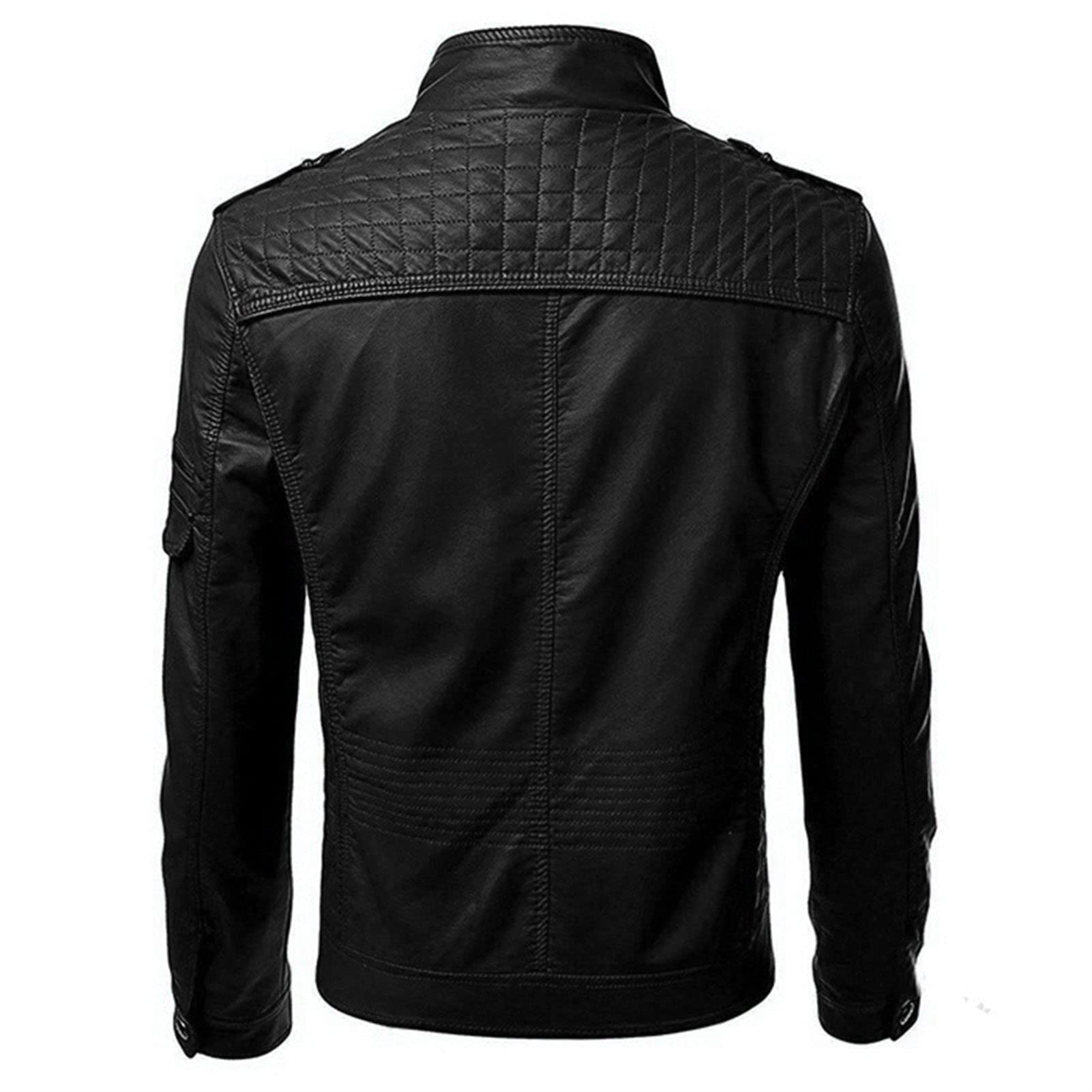 Maiyifu-GJ Slim Motorcycle Jacket for Men Faux Leather Zip Up Windproof Moto Coat Stand Collar Vintage Bomber Outerwear (Black,Medium)