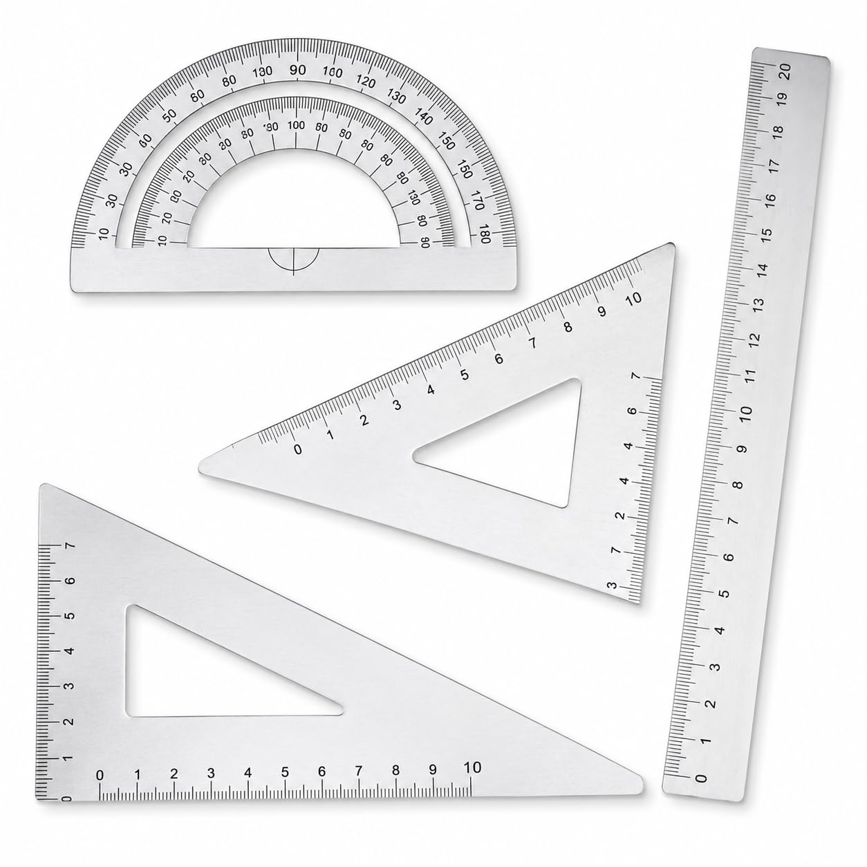 Snmygs Silver Metal Ruler, Metal Geometry Set, Protractor Triangular Ruler, Maths Set