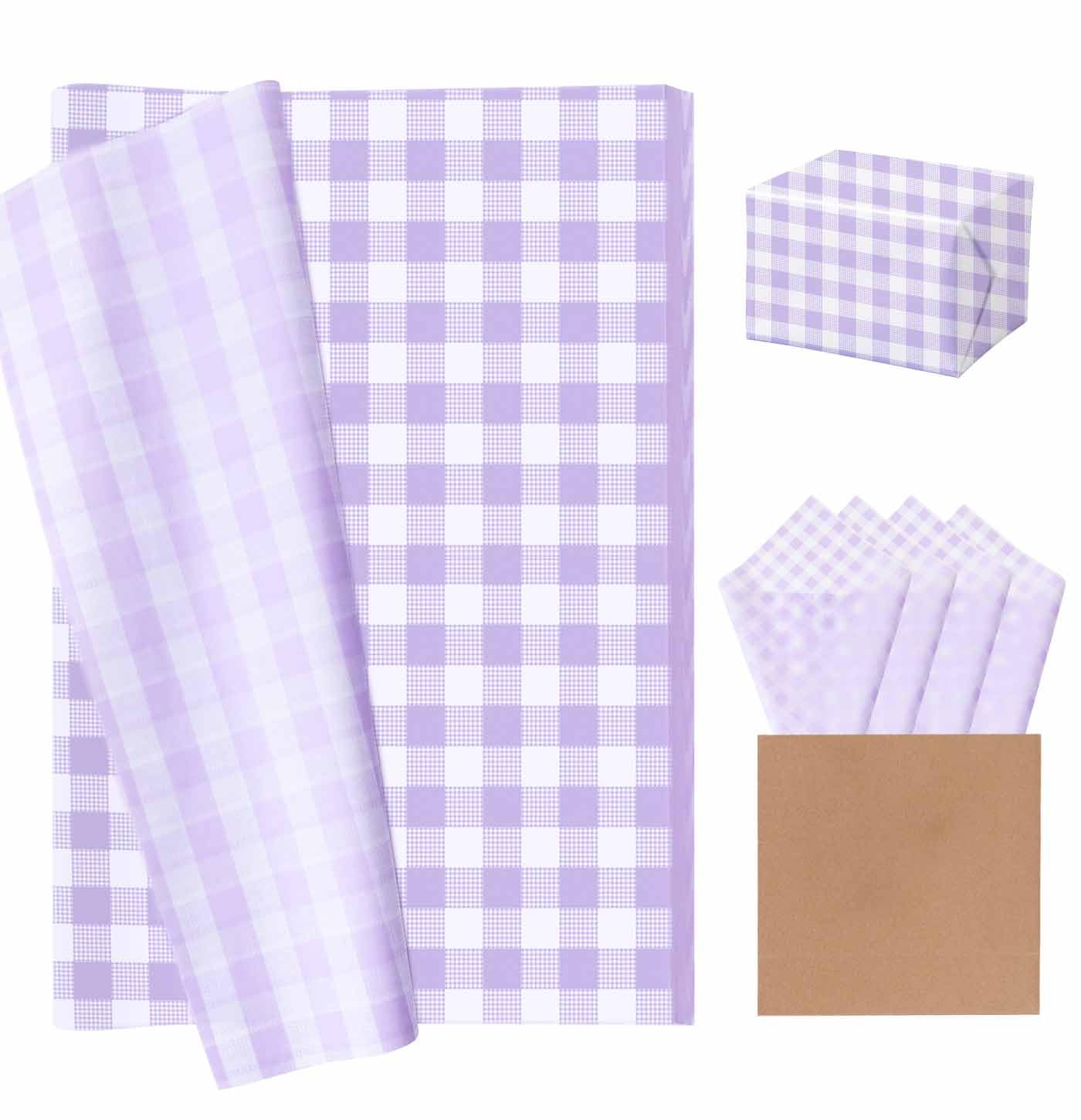 MUNILAIL 100 Sheets Gingham Tissue Paper 14 x 20 Inches Purple and White Checkered Tissue Paper for Gift Bags Bulk Wrapping Papers for Birthday Gift Packing Crafts