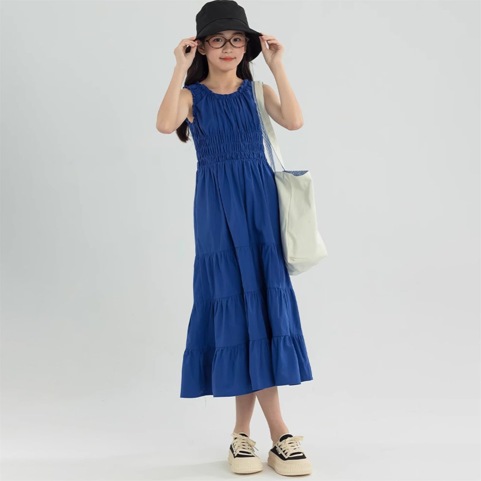 Vestido de verano para niña, sin mangas, cuello redondo, con volantes, vestido largo de línea A, vestido de playa, elegante, vestido de princesa, vestido informal para niños