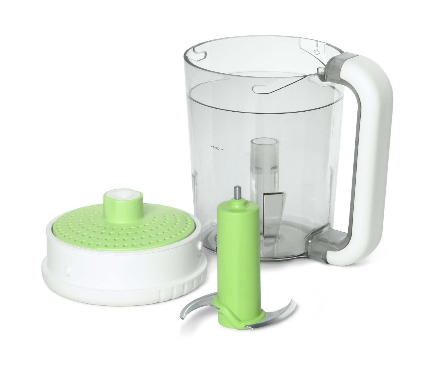 Disassembled components of the Philips Avent baby food maker, showing the base, blending jar, blade, and steaming basket.