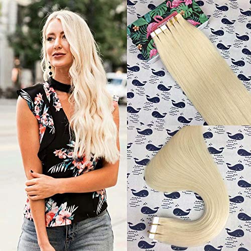 HIKYUU 16 inches 30g/20pcs Double Side Tape in Skin Weft Remy Human Hair Extensions Invisible White Blonde #60 Tape in Hair Extensions
