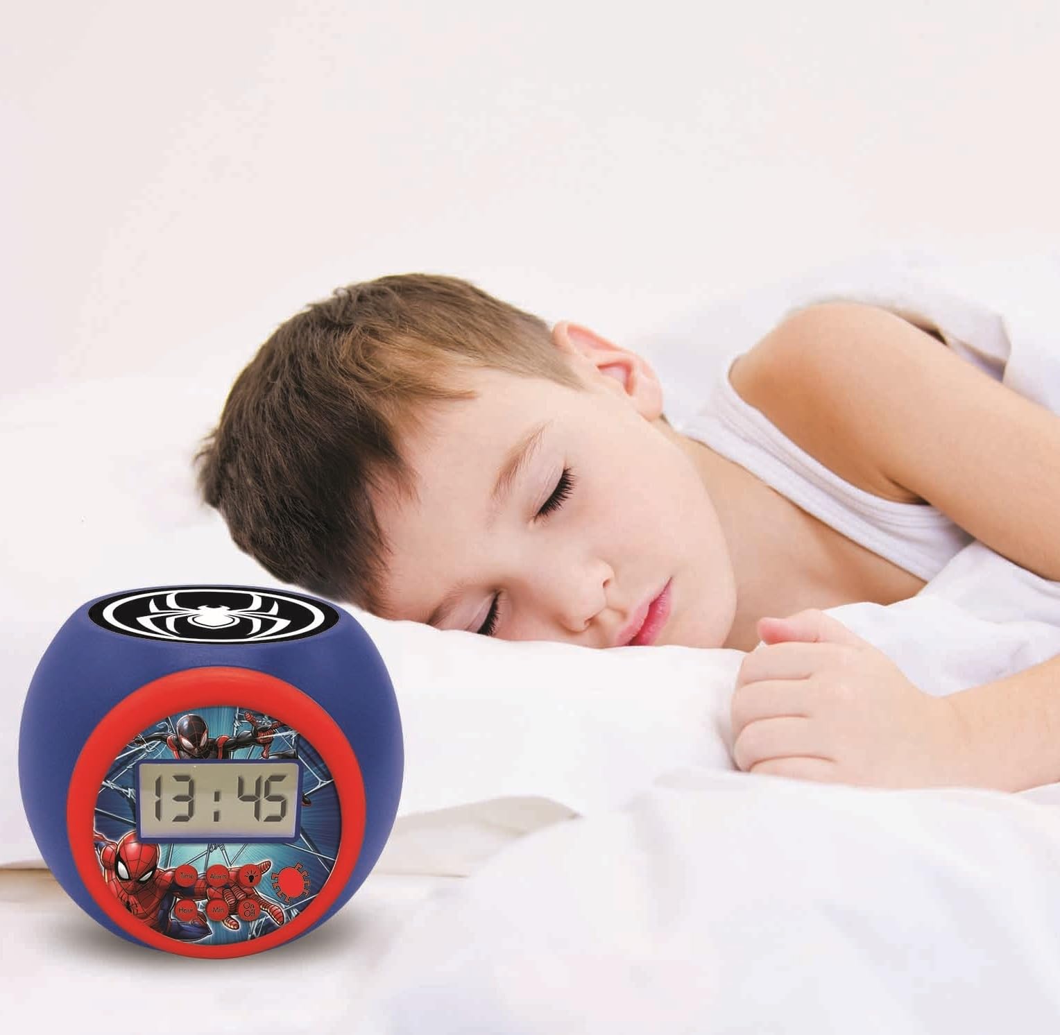Lexibook - Marvel Spider-Man Réveil projecteur avec Fonction Alarme et répétition Snooze, veilleuse avec minuterie, écran LCD, à Piles, Bleu/Rouge, RL977SPLXB
