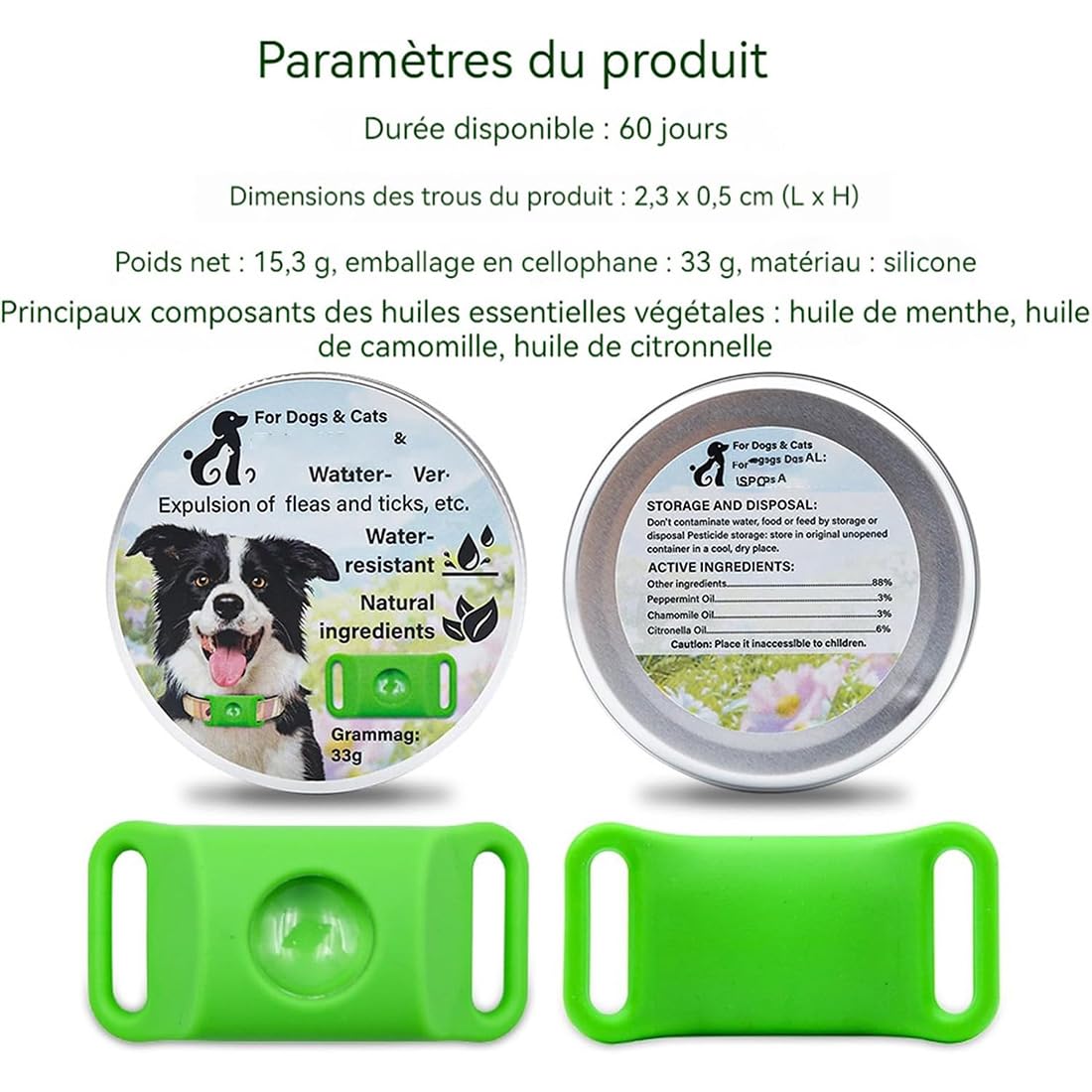 Collier répulsif Anti-puces et tiques pour Animaux, Protection Naturelle 12 Mois pour Chiens, 4 Capsules Remplaçables, Réglable, sans Contact Direct avec la Peau (F)