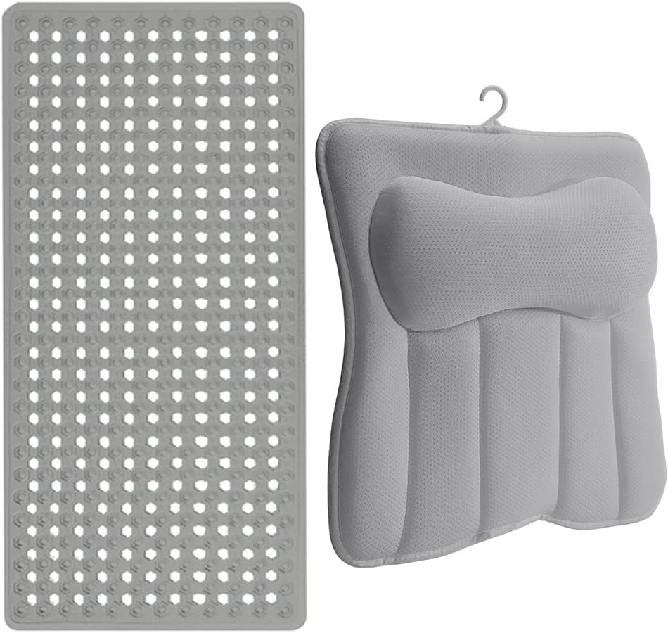 GORILLA GRIP Patented Bath Tub Shower Mat and Mesh Bath Pillow for Tub, Mat Size 35x16, Washable Bathtub, Pillow 16.5x16.1, Machine Washable, Both Color Gray, 2 Item Bundle