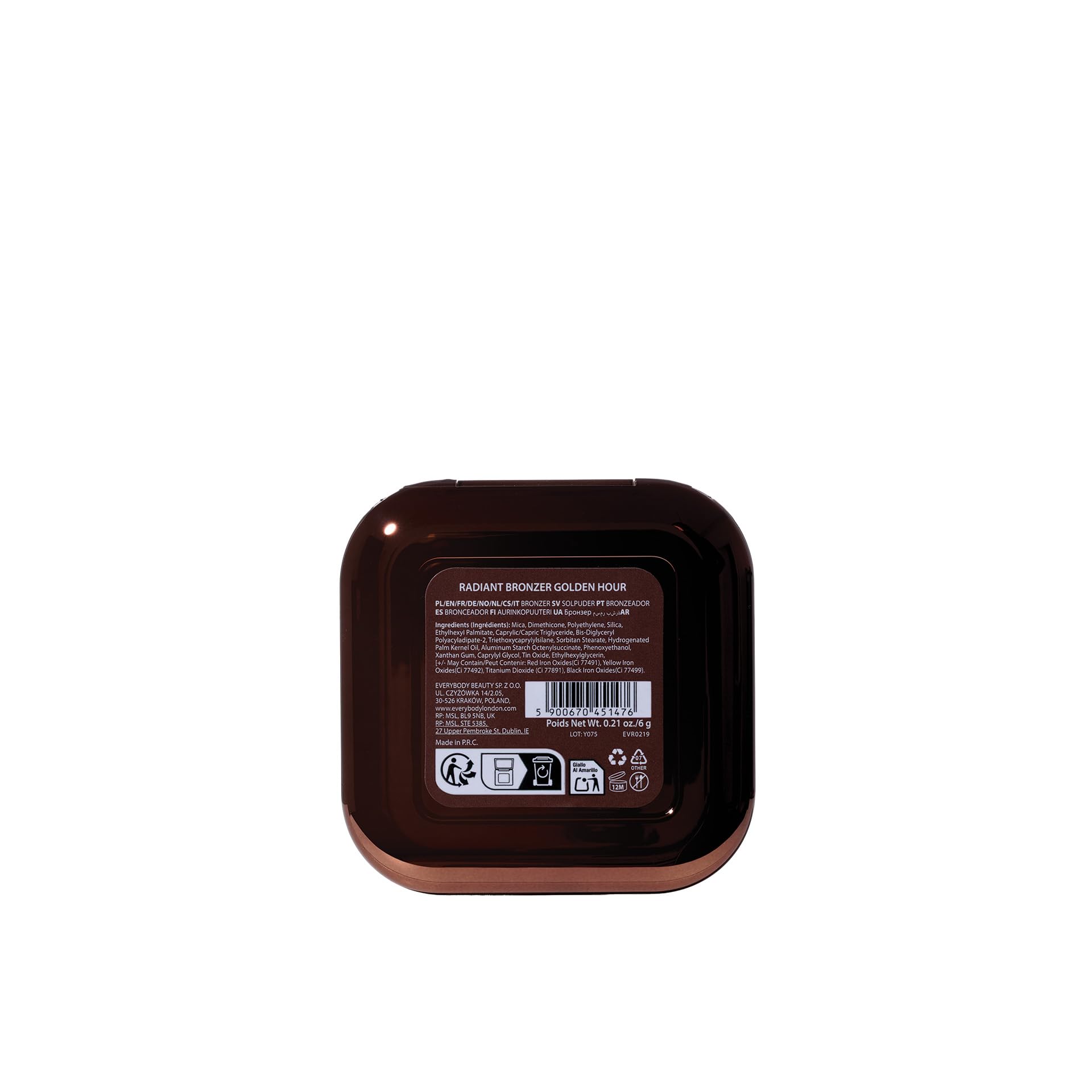 EVERYBODY LONDON Rozświetlający bronzer w kompakcie, efekt skóry muśniętej słońcem, ultralekka formuła, promienne wykończenie i konturowanie, 6g (Golden Hour)