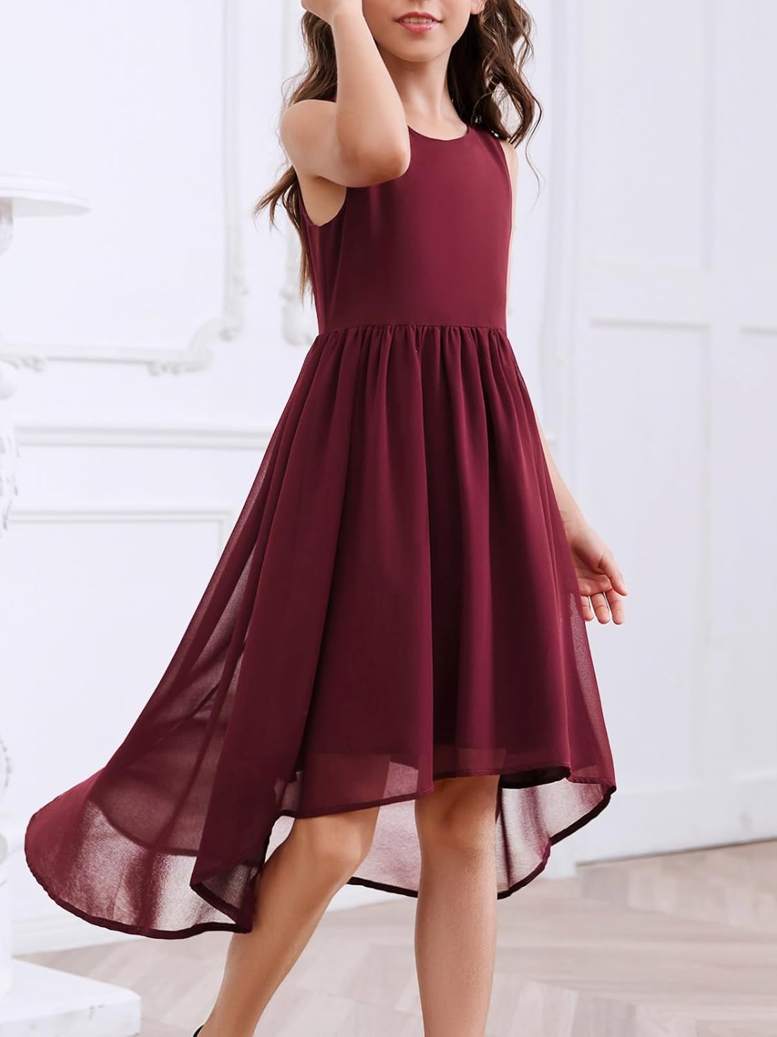 Girls Semi Formal Dress Kids Cute A-Line Crewneck Long Chiffon Wedding Prom Party Gowns - Image 5