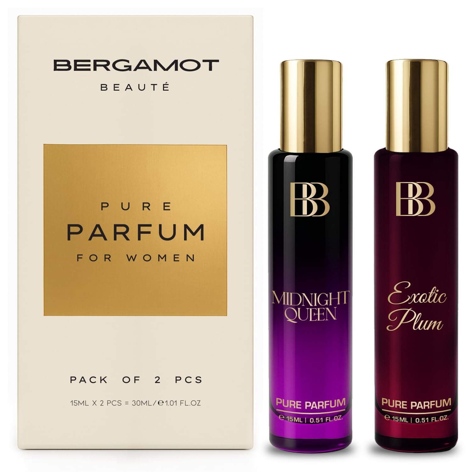 bergamot beaute midnight queen & exotic plum perfume luxury gift set for women combo with vanilla floral & fruity notes 2 x 15 ml travel friendly | perfume for woman