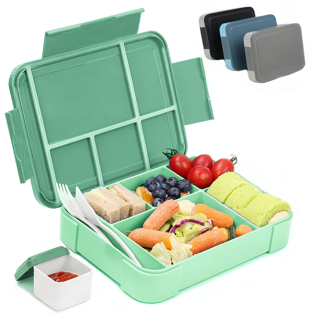 Bugucat Brotdose Kinder mit Fächern 1330ML,Lunchbox Kinder Bento Box Auslaufsicher mit 6 Fächern Besteckset,Vesperdose Frühstücksbox für Mädchen Jungen,Dunkelgrün