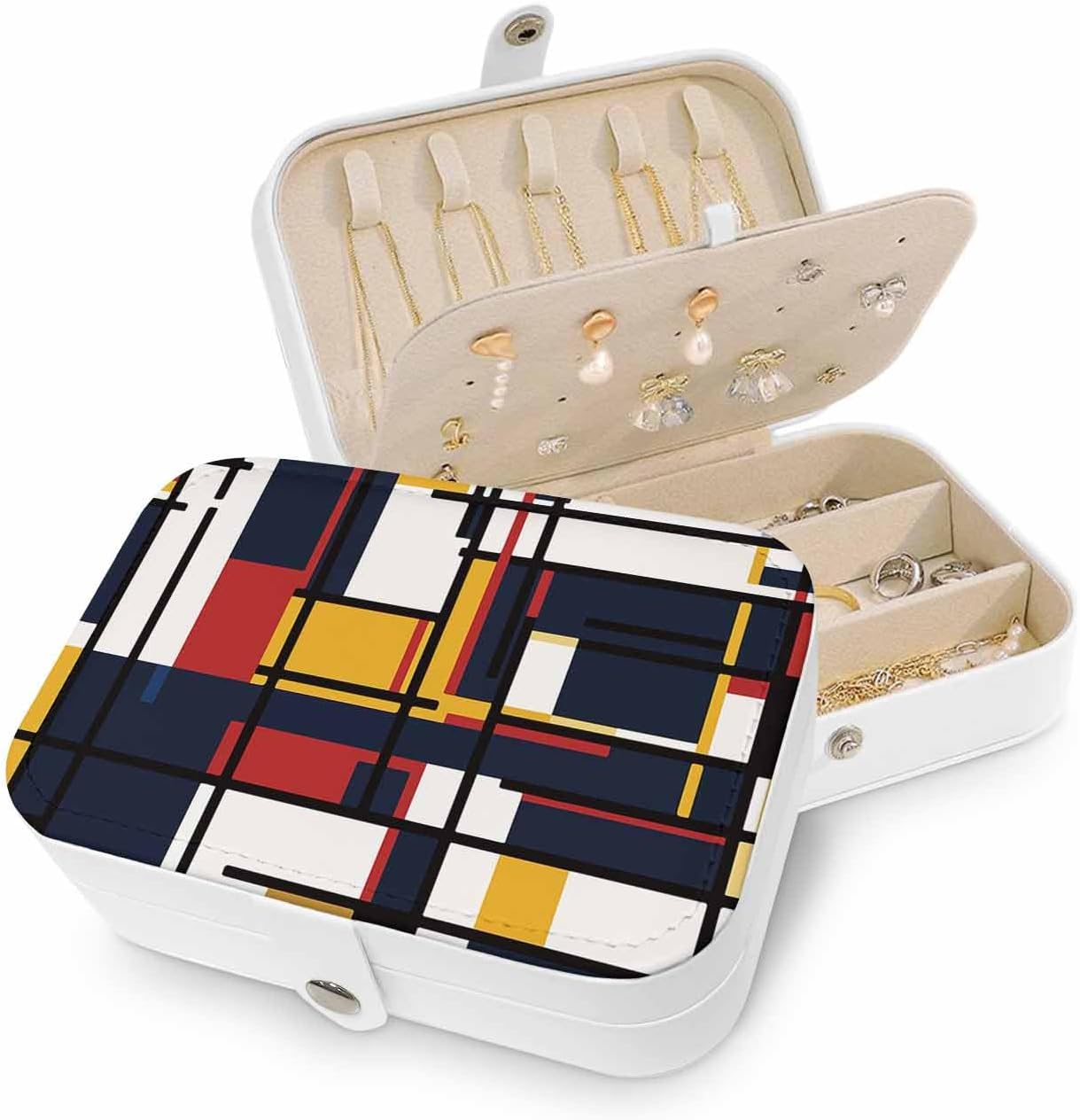 Black Yellow Red Geometric Travel Jewelry Case, Abstract Modern PU Leather Organizer Box Portable Small Storage Decorative Case for Ring Necklace Earring Gift for Girl Women